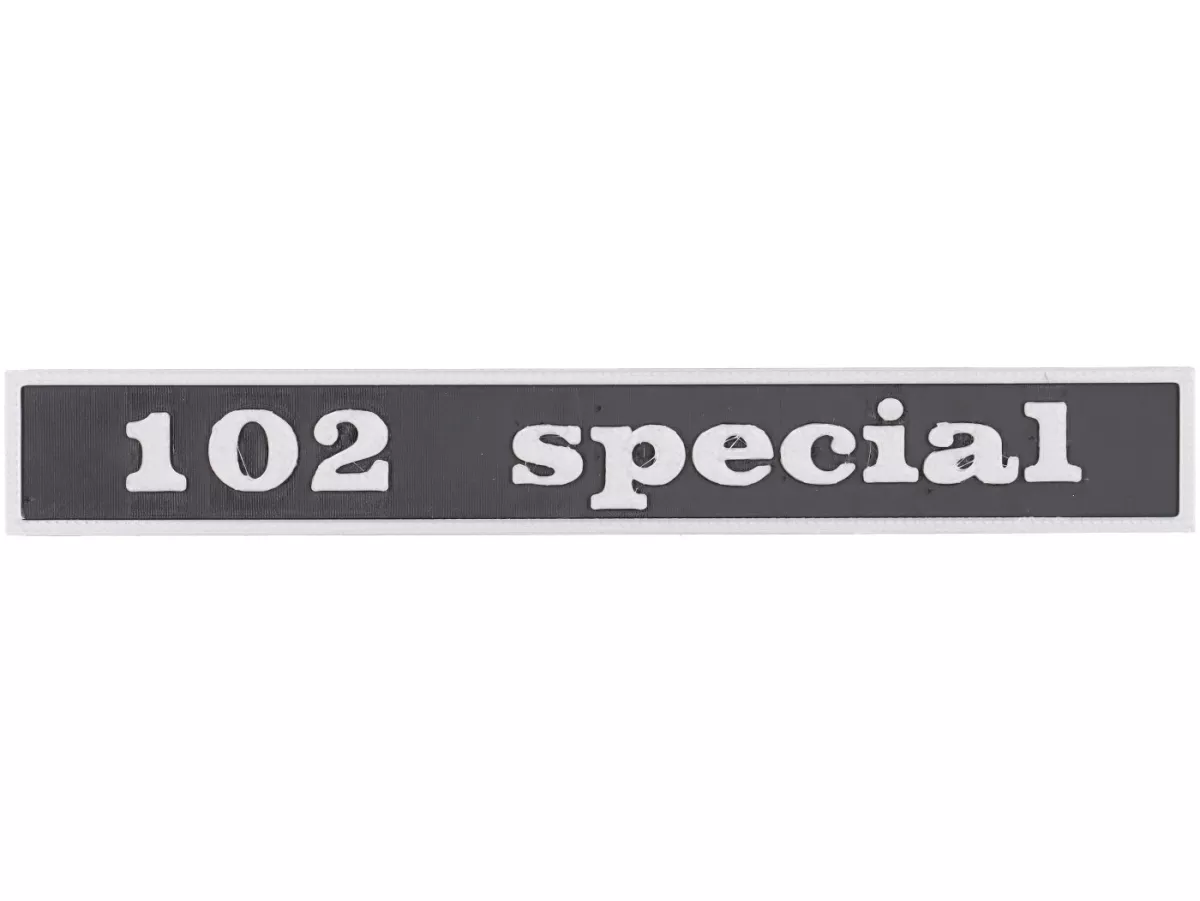 Badge -VESPTEC 102 special- rear for Vespa 50 Special (V5B1T 38640-), V5B3T, 132x17 mm - plastic - (black/aluminium)