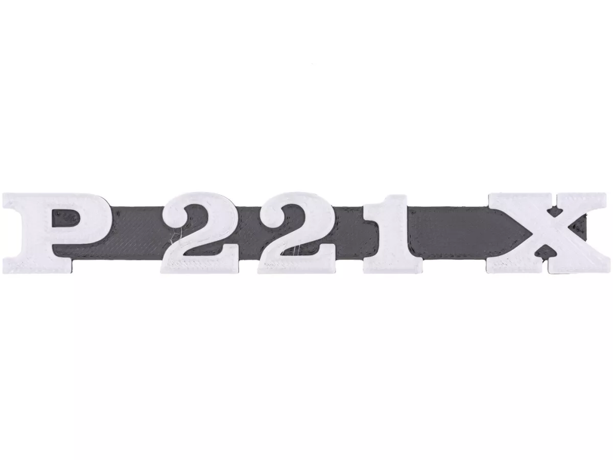 Badge -VESPTEC P221X- Side cover left for Vespa P125-150X/P200E, 145x20 mm, plastic, (black/aluminium)