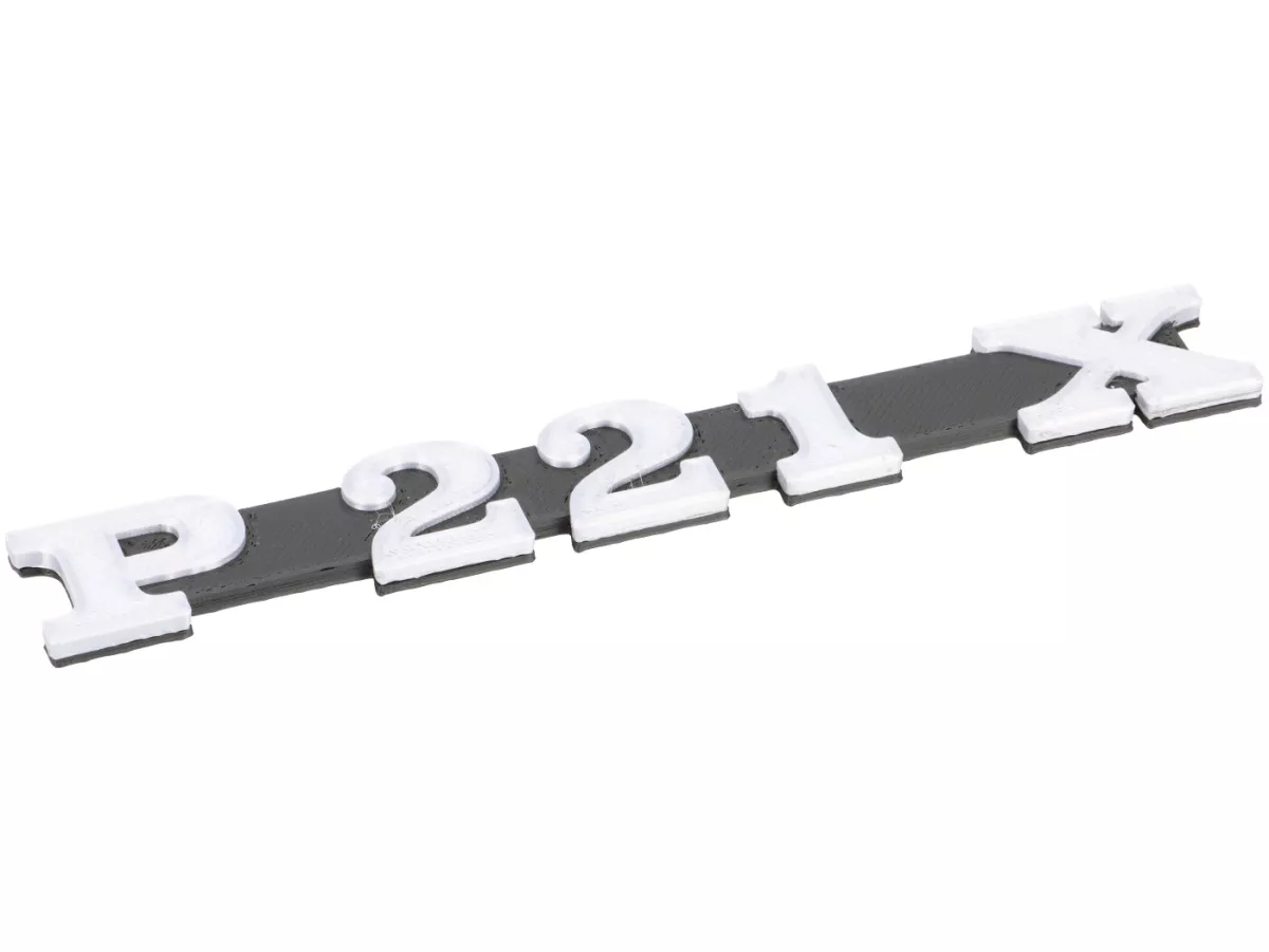 Badge -VESPTEC P221X- Side cover left for Vespa P125-150X/P200E, 145x20 mm, plastic, (black/aluminium)