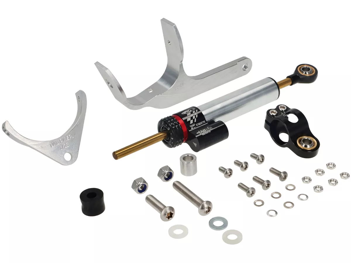 Steering damper incl. mount -CTP aluminium- Vespa Smallframe Ø115mm PV125, ET3, 90 Racer, 50 SR