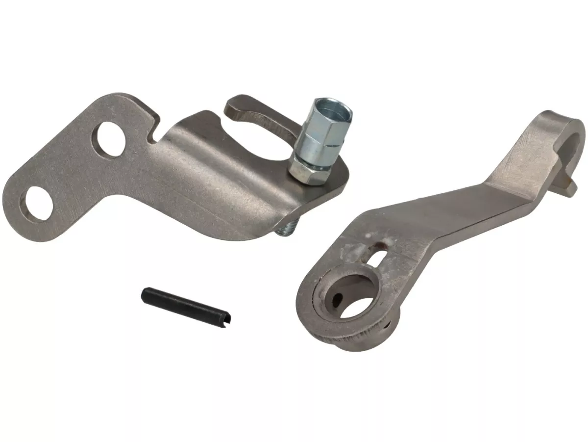 Placa de retención del cable de freno/embrague en el motor incl. brazo de embrague (largo) -FRT- Vespa V50, 50N Special, V90, SS50, SS90, PV125, ET3, PK - acero inoxidable