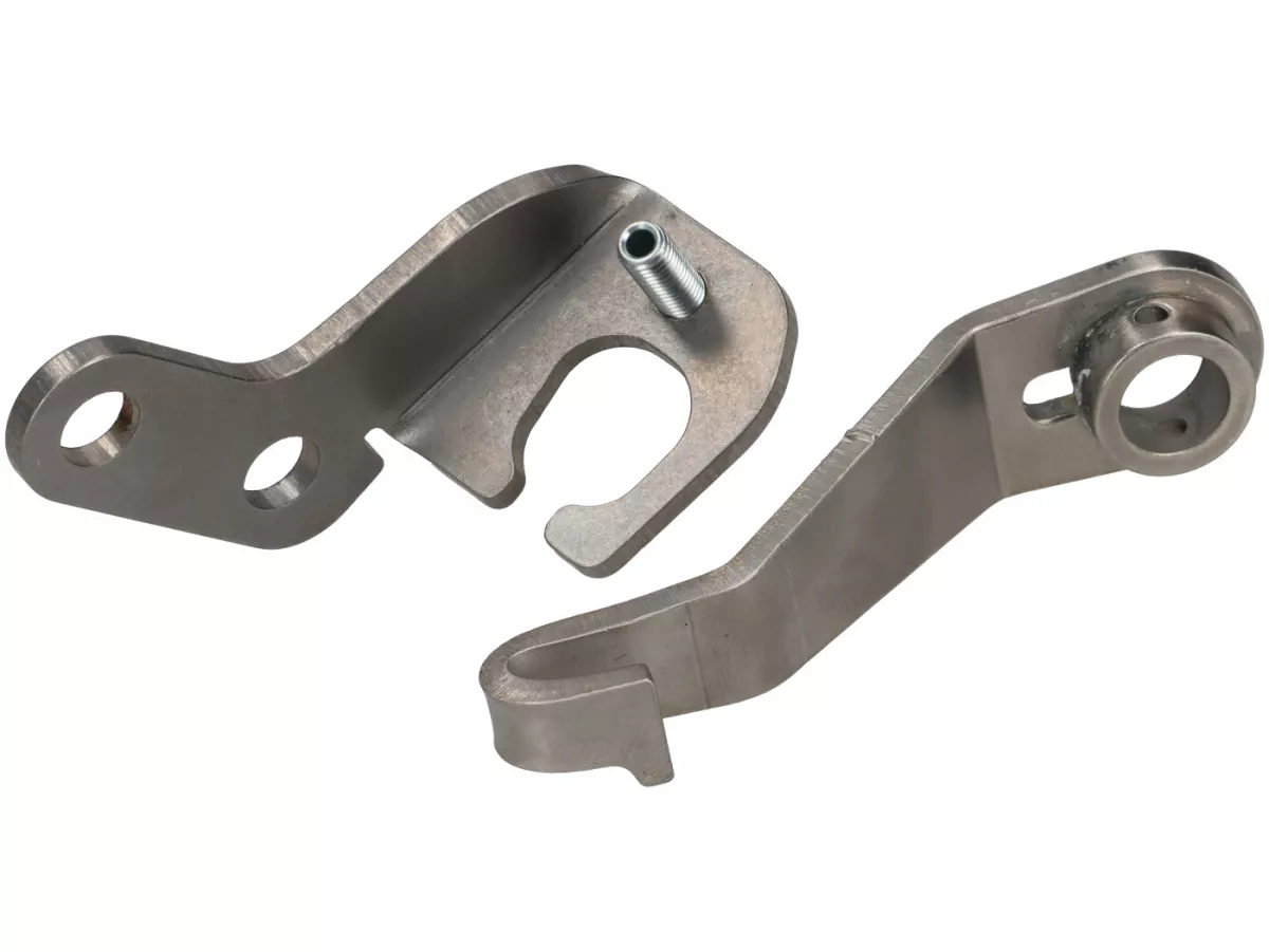 Placa de retención del cable de freno/embrague en el motor incl. brazo de embrague (largo) -FRT- Vespa V50, 50N Special, V90, SS50, SS90, PV125, ET3, PK - acero inoxidable