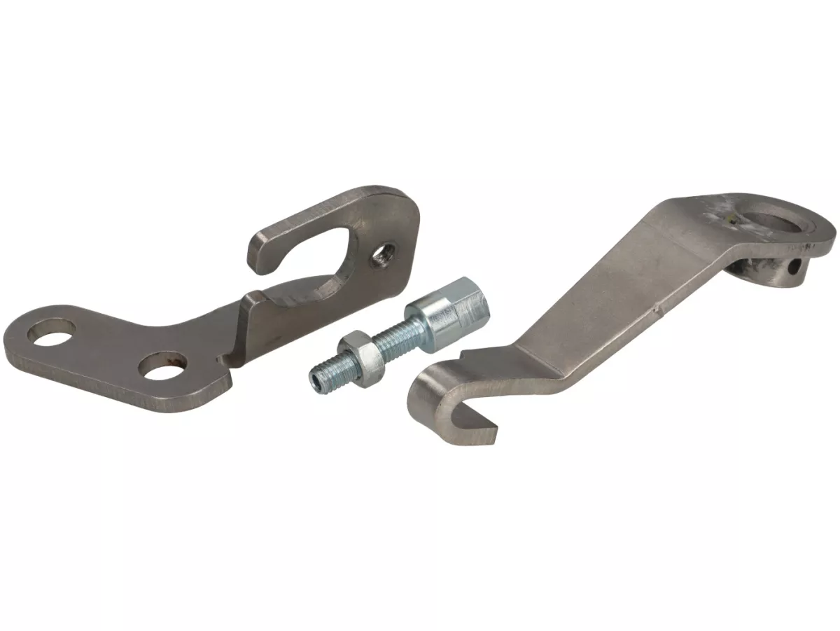 Placa de retención del cable de freno/embrague en el motor incl. brazo de embrague (largo) -FRT- Vespa V50, 50N Special, V90, SS50, SS90, PV125, ET3, PK - acero inoxidable