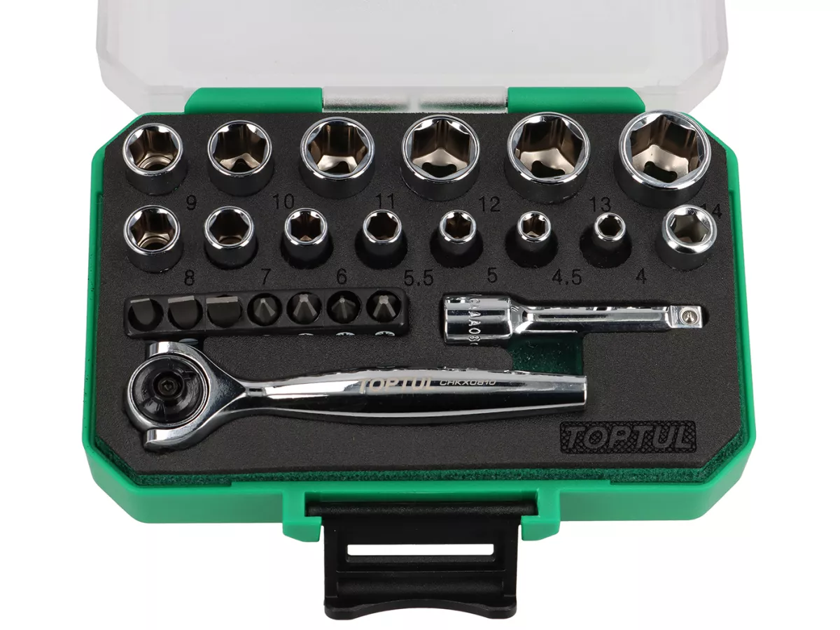 Set kunci pas soket (kotak ratchet) Mini -TOPTUL 1/4- 4mm-14mm - 23 buah