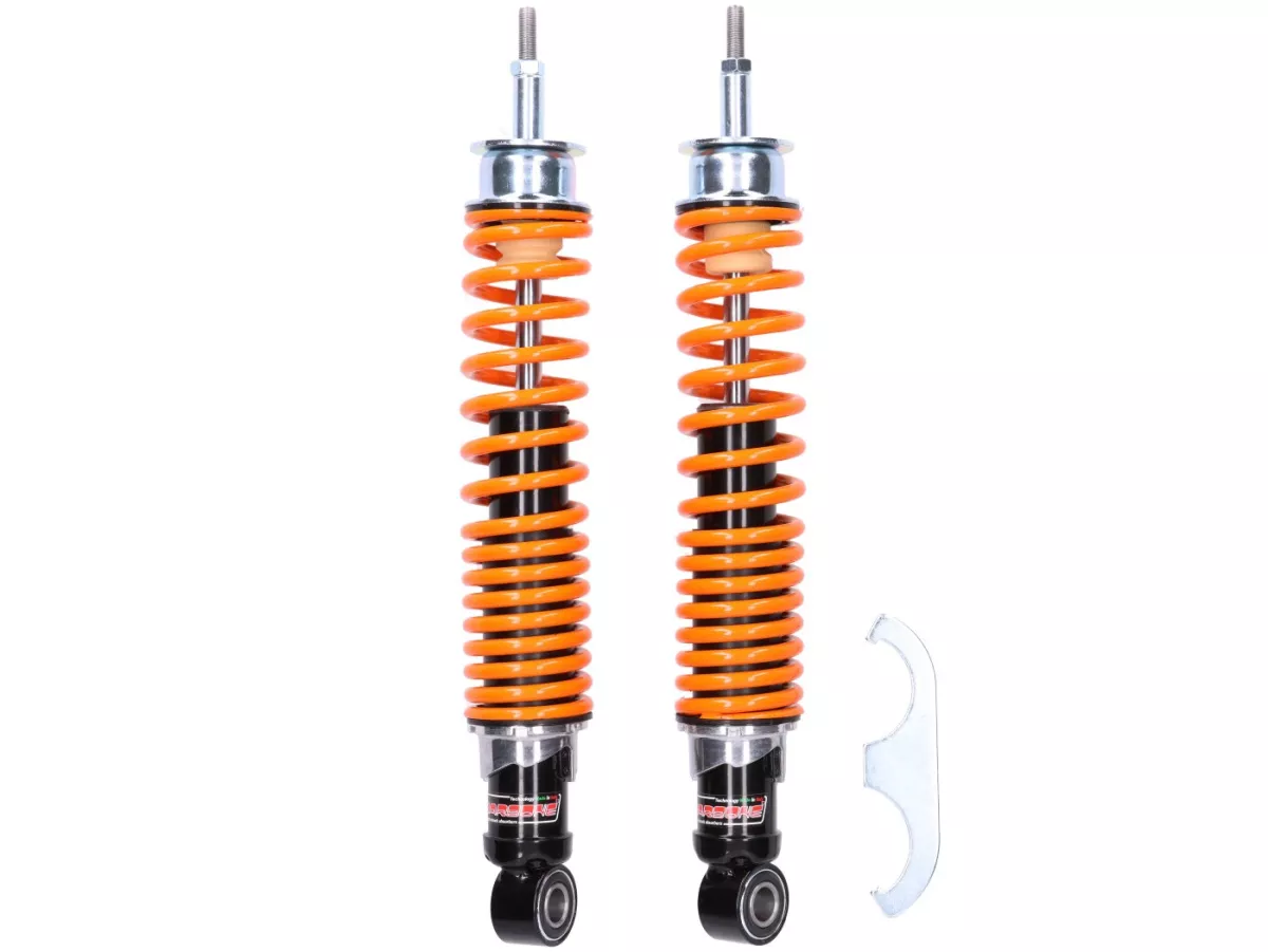 Rear shock absorber (set) -CARBONE HI-TECH- Vespa GT, GTL, GTV, GTS 125, 300, 310 (all model years) - 3-way adjustable - black/orange