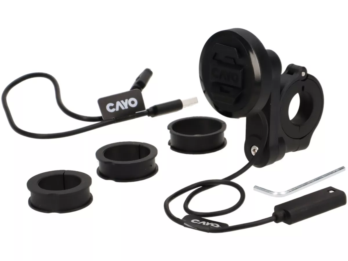 Soporte para teléfono móvil -MOTOGADGET, CAYO moto.dokk- sistema de soporte universal para todos los smartphones, desacoplado por vibración, carga inductiva - apto para todos los diámetros de manillar