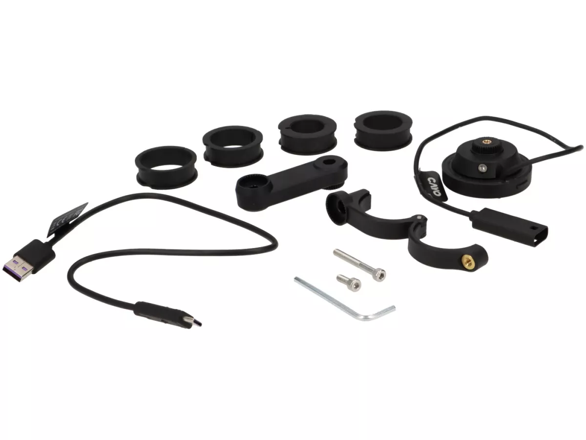 Soporte para teléfono móvil -MOTOGADGET, CAYO moto.dokk- sistema de soporte universal para todos los smartphones, desacoplado por vibración, carga inductiva - apto para todos los diámetros de manillar