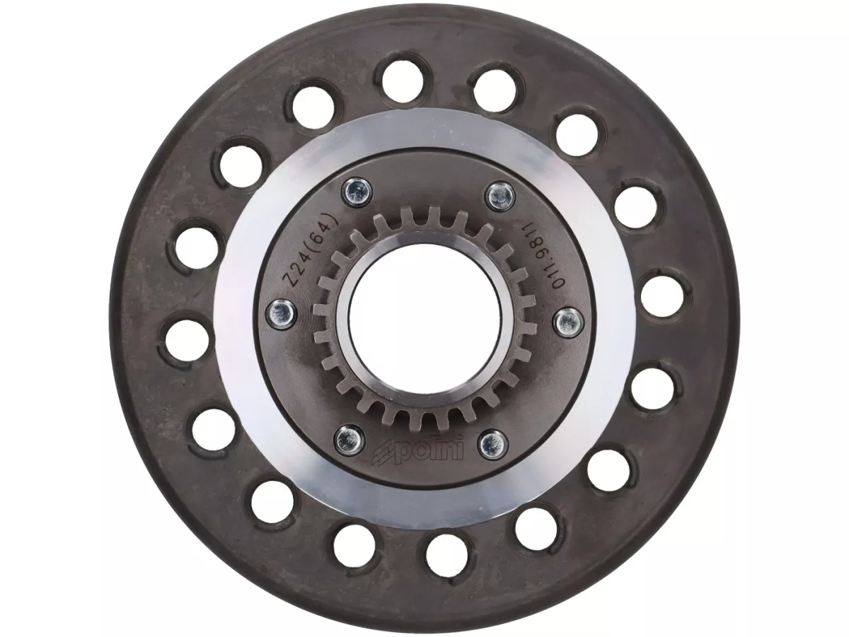 Embrague -POLINI for Race, HT Clutch- para rueda primaria Polini 64Z - Vespa PX80, PX125, PX150, PX200, T5, Cosa, Rally, Motovespa PX, DS, DN, LML 2T - 24 dientes (dentado recto)