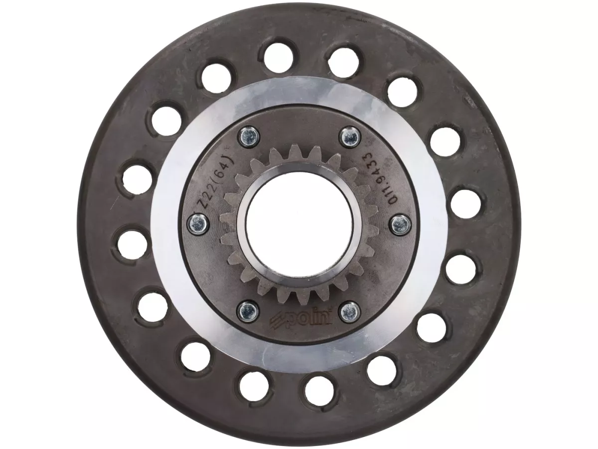 Clutch -POLINI for Race, HT Clutch- for primary wheel Polini 64Z - Vespa PX80, PX125, PX150, PX200, T5, Cosa, Rally, Motovespa PX, DS, DN, LML 2T - 22 teeth (straight toothed)
