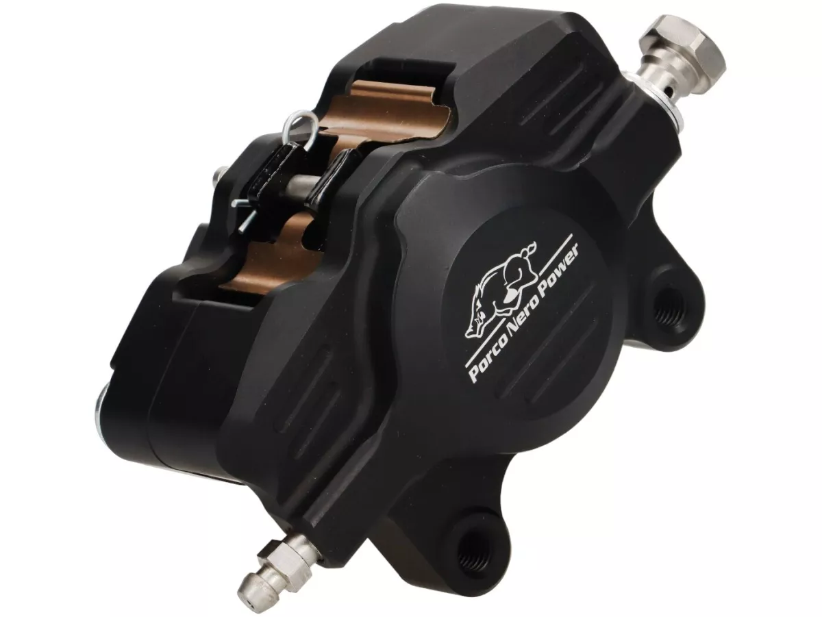Brake caliper, rear (with TÜV parts certificate) -PORCO NERO POWER 2.0 CNC by Spiegler 2-piston, Ø=29mm- Vespa GT/GTS/GTV 125-300cc (with and without ABS) - anodised matt black