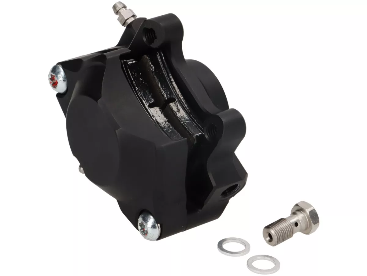 Brake caliper, rear (with TÜV parts certificate) -PORCO NERO POWER 2.0 CNC by Spiegler 2-piston, Ø=29mm- Vespa GT/GTS/GTV 125-300cc (with and without ABS) - anodised matt black