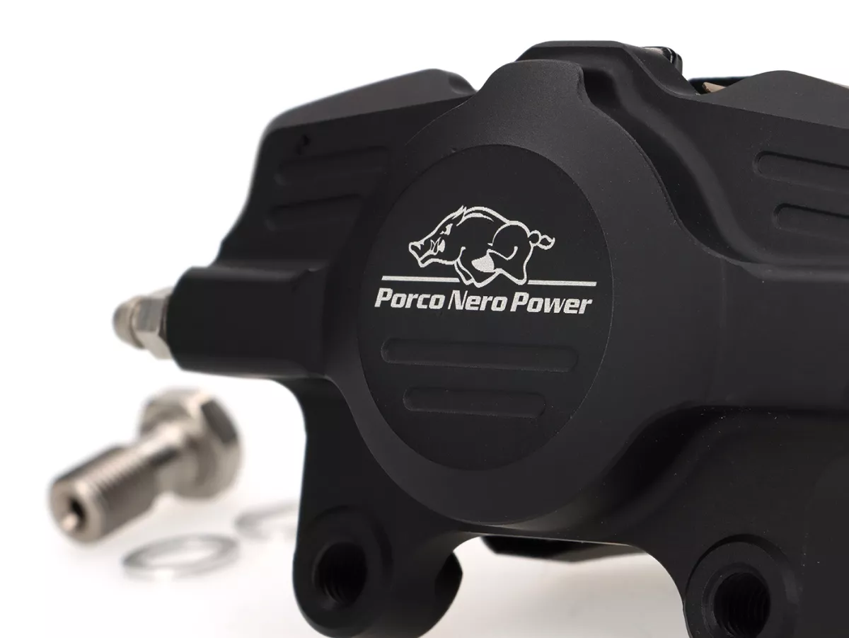 Brake caliper, rear (with TÜV parts certificate) -PORCO NERO POWER 2.0 CNC by Spiegler 2-piston, Ø=29mm- Vespa GT/GTS/GTV 125-300cc (with and without ABS) - anodised matt black