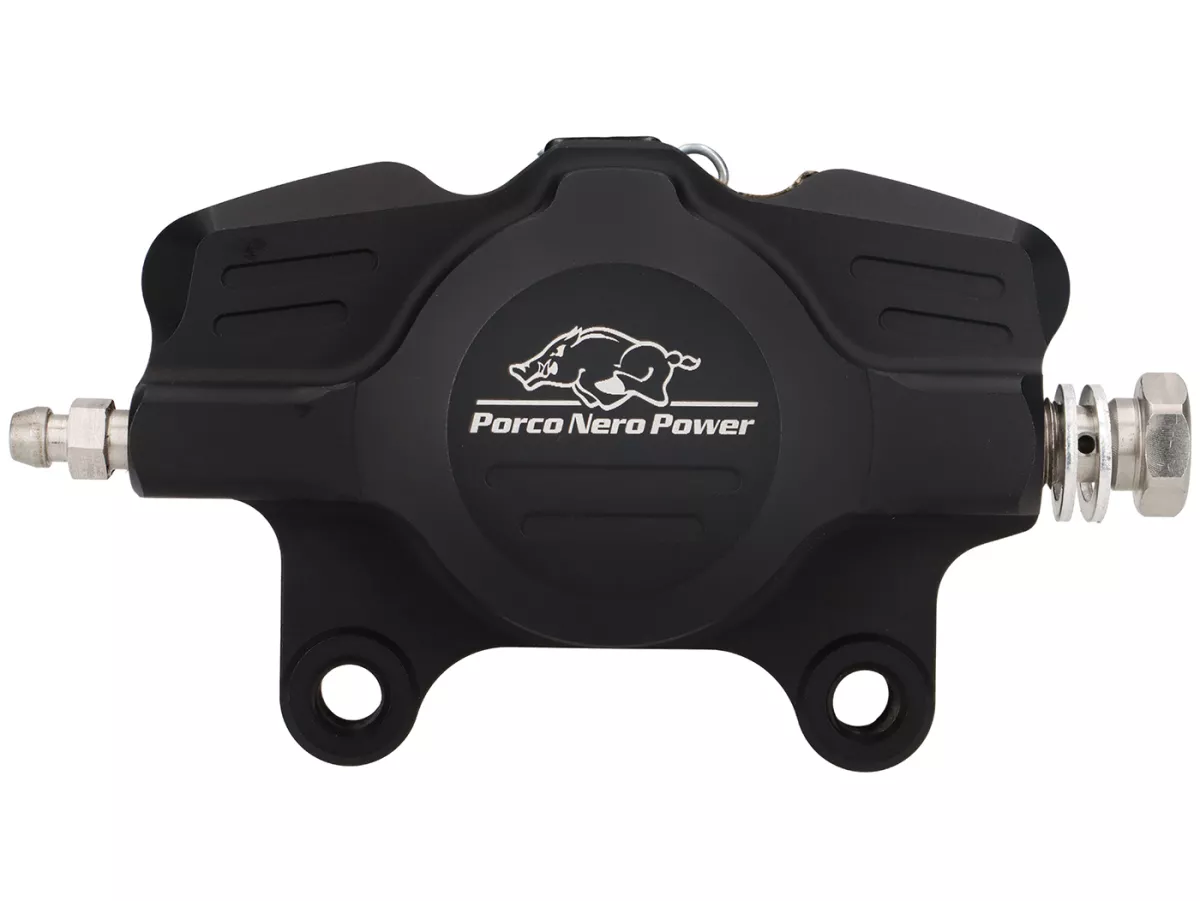 Brake caliper, rear (with TÜV parts certificate) -PORCO NERO POWER 2.0 CNC by Spiegler 2-piston, Ø=29mm- Vespa GT/GTS/GTV 125-300cc (with and without ABS) - anodised matt black