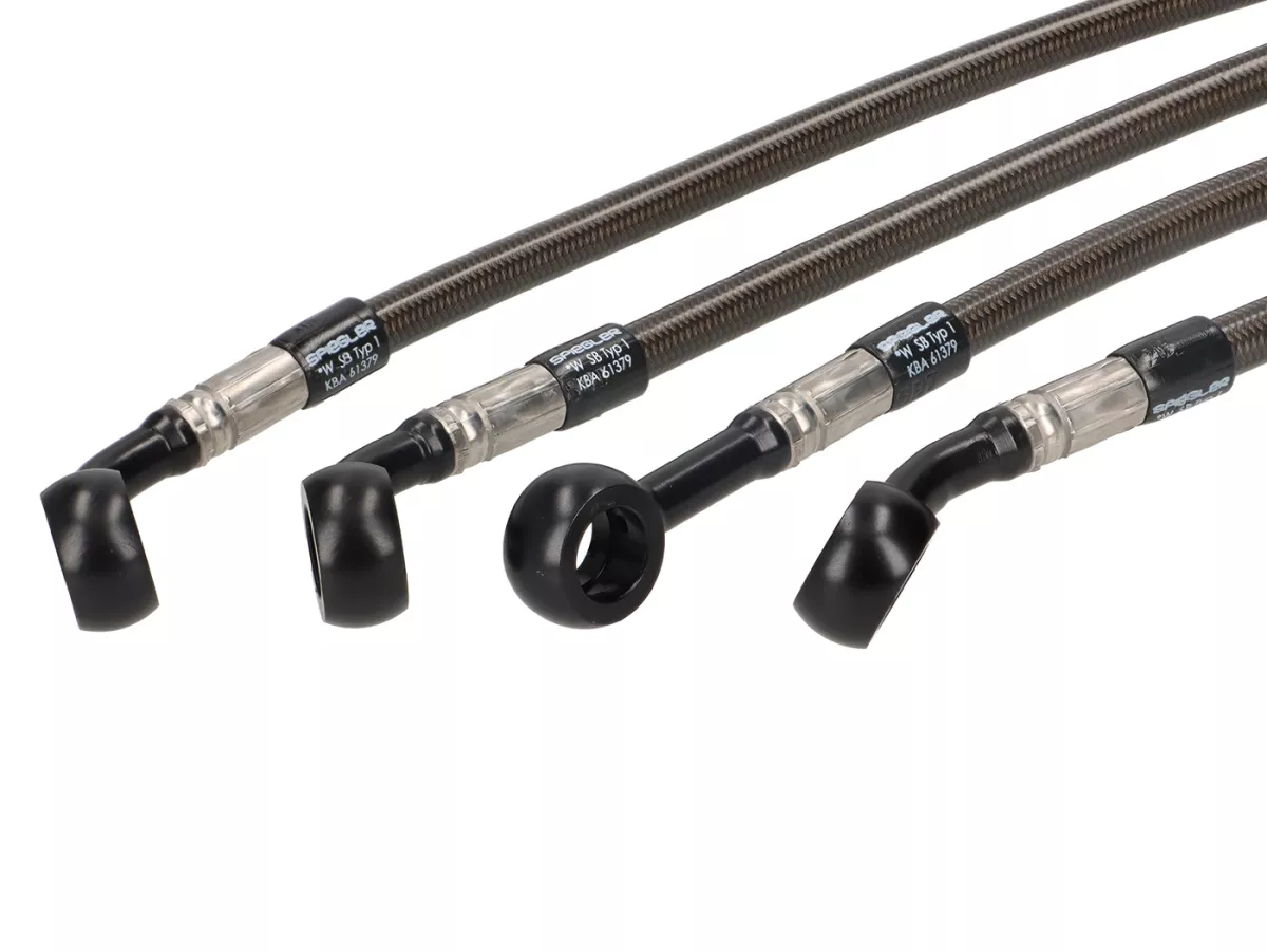 Set of braided steel brake lines -SPIEGLER- front + rear - Vespa GTS 300 (MD3C) from 2021 - carbon-look sheathing/black connections