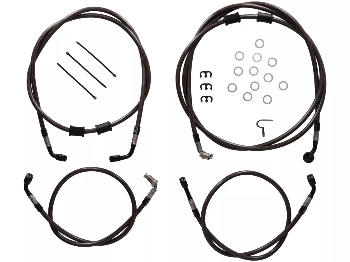 Set of braided steel brake lines -SPIEGLER- front + rear - Vespa GTS 300 (MD3C) from 2021 - carbon-look sheathing/black connections