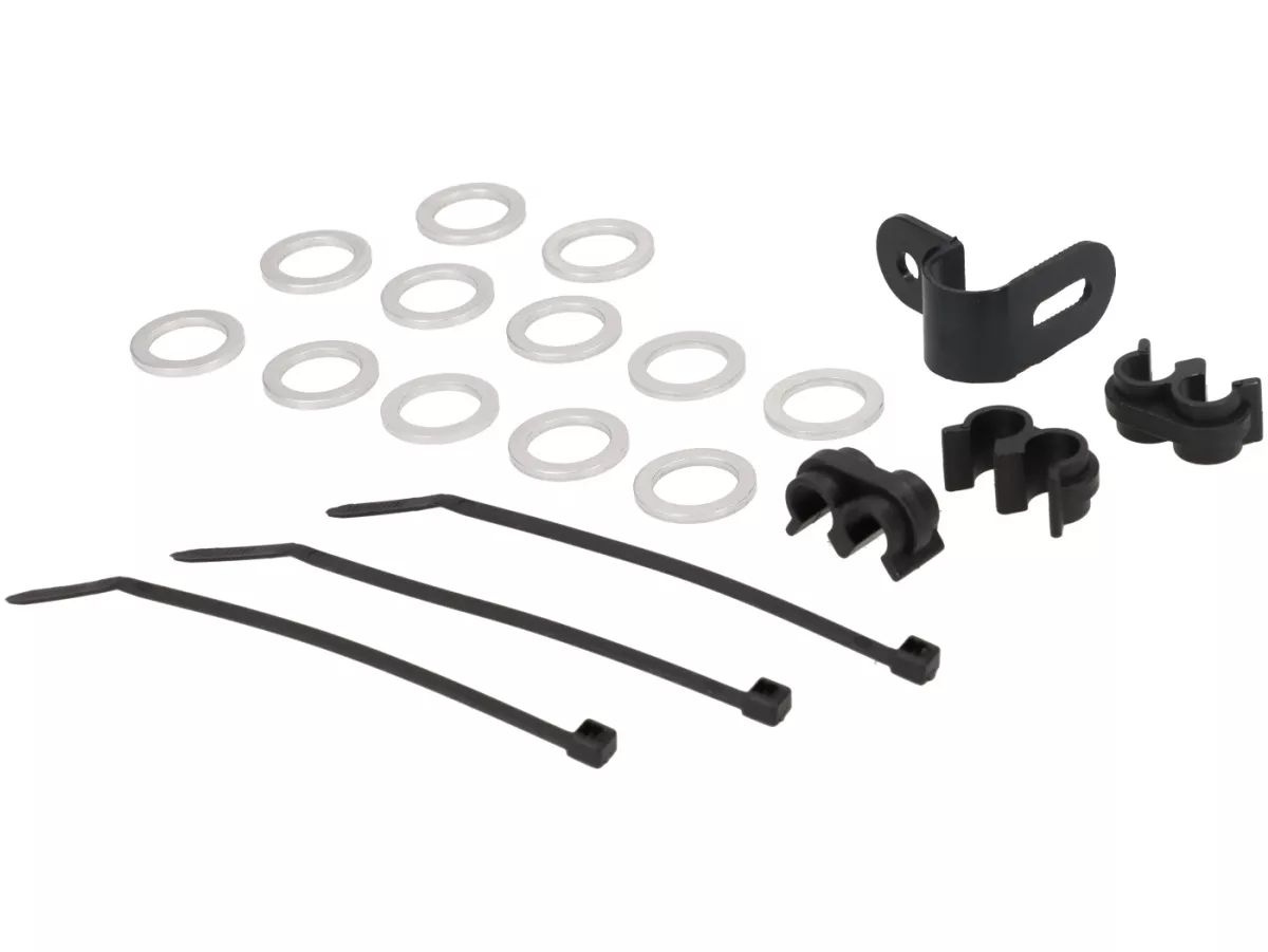 Juego de latiguillos de freno trenzados de acero -SPIEGLER- delanteros + traseros - Vespa GTS 300 (MD3C) a partir de 2021 - revestimiento blanco/conexiones negras