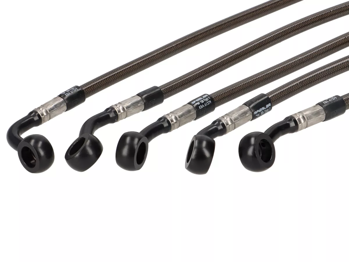 Satu set saluran rem baja yang dikepang -SPIEGLER- depan + belakang - Vespa GTS 300 (MD3103/04) dari tahun 2022 - lapisan tampilan karbon / sambungan hitam