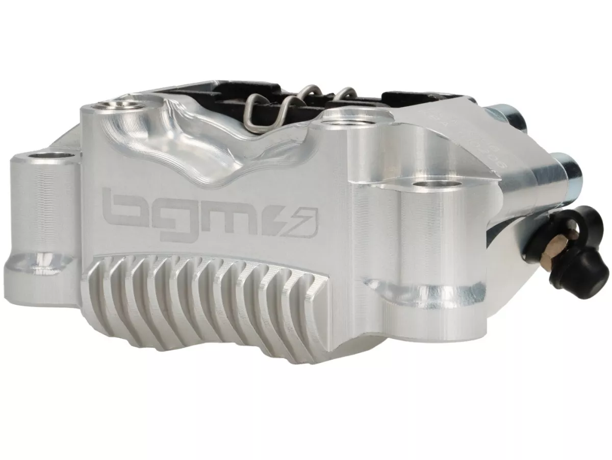 Pinza de freno delantero -BGM PRO SPORT (con certificado de piezas TÜV)- 4 pistones, montaje radial (requiere adaptador)- para PX Disc, LML Star, Stella, Grimeca NT classic- Vespa PX (a partir de 1998, estándar), PX, T5 125cc, PK XL - plata
