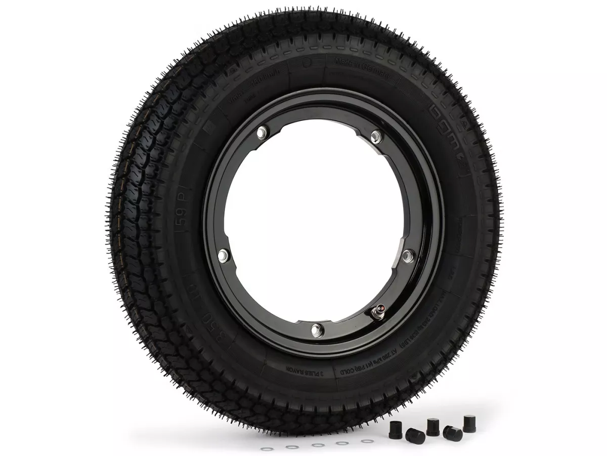 Roda lengkap - BGM Pro Superstrong - BGM Classic, tubeless, Vespa Largeframe PX, Sprint, Rally, GT, GTR, TS, T4, LML Star/Stella- 3.50 - 10 inci TL 59S (diperkuat) - pelek 2.10-10 hitam mengkilap