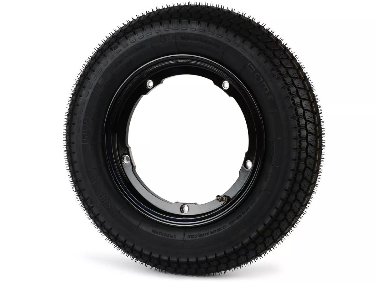 Roda lengkap - BGM Pro Superstrong - BGM Classic, tubeless, Vespa Largeframe PX, Sprint, Rally, GT, GTR, TS, T4, LML Star/Stella- 3.50 - 10 inci TL 59S (diperkuat) - pelek 2.10-10 hitam mengkilap