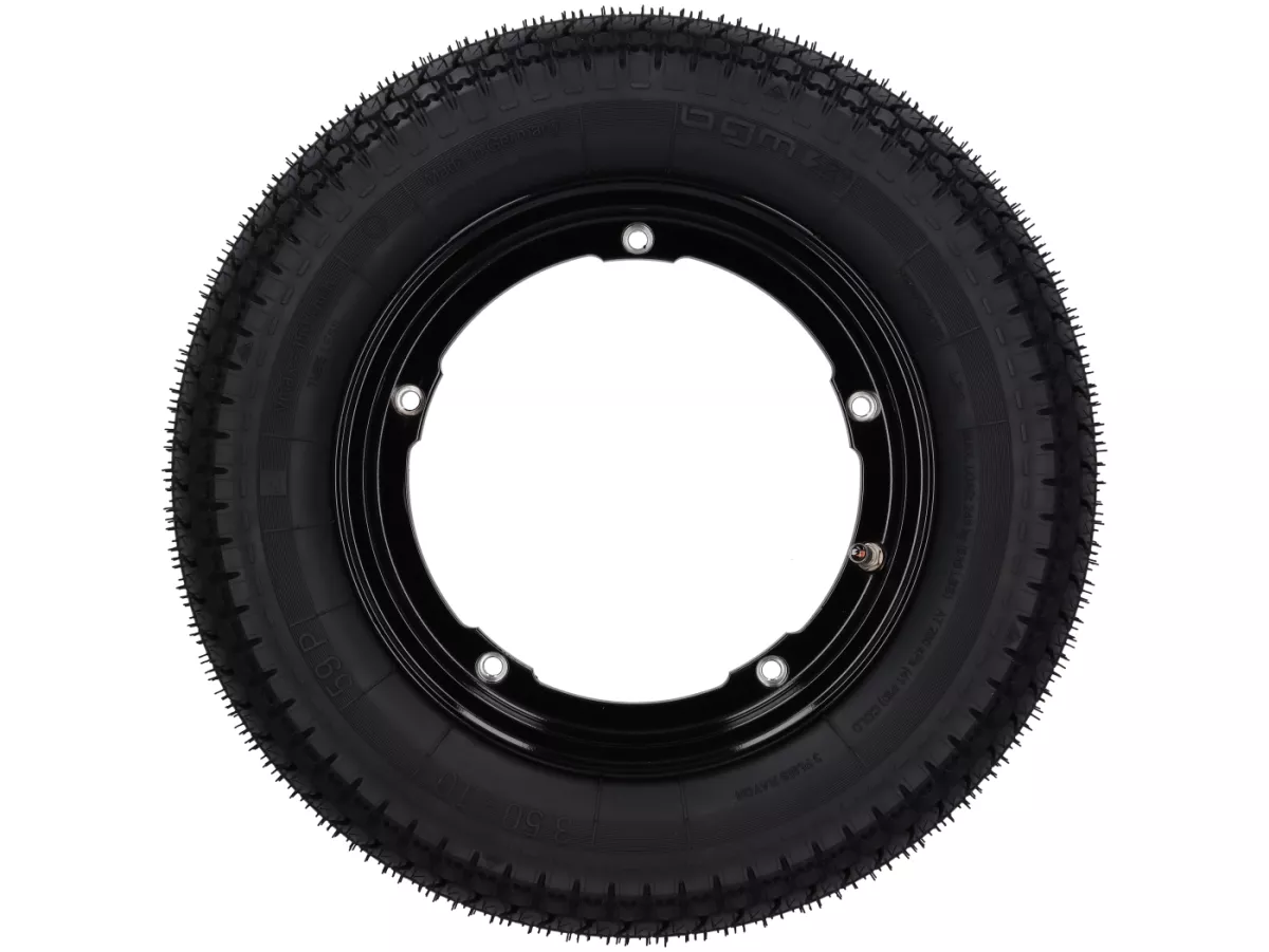 Roda lengkap - BGM Pro Superstrong - BGM Classic, tubeless, Vespa Largeframe PX, Sprint, Rally, GT, GTR, TS, T4, LML Star/Stella- 3.50 - 10 inci TL 59S (diperkuat) - pelek 2.10-10 hitam mengkilap