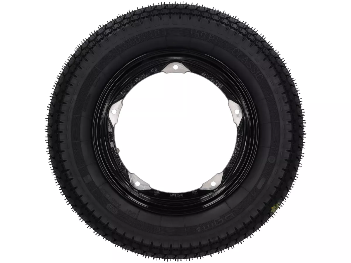 Roda lengkap - BGM Pro Superstrong - BGM Classic, tubeless, Vespa Largeframe PX, Sprint, Rally, GT, GTR, TS, T4, LML Star/Stella- 3.50 - 10 inci TL 59S (diperkuat) - pelek 2.10-10 hitam mengkilap