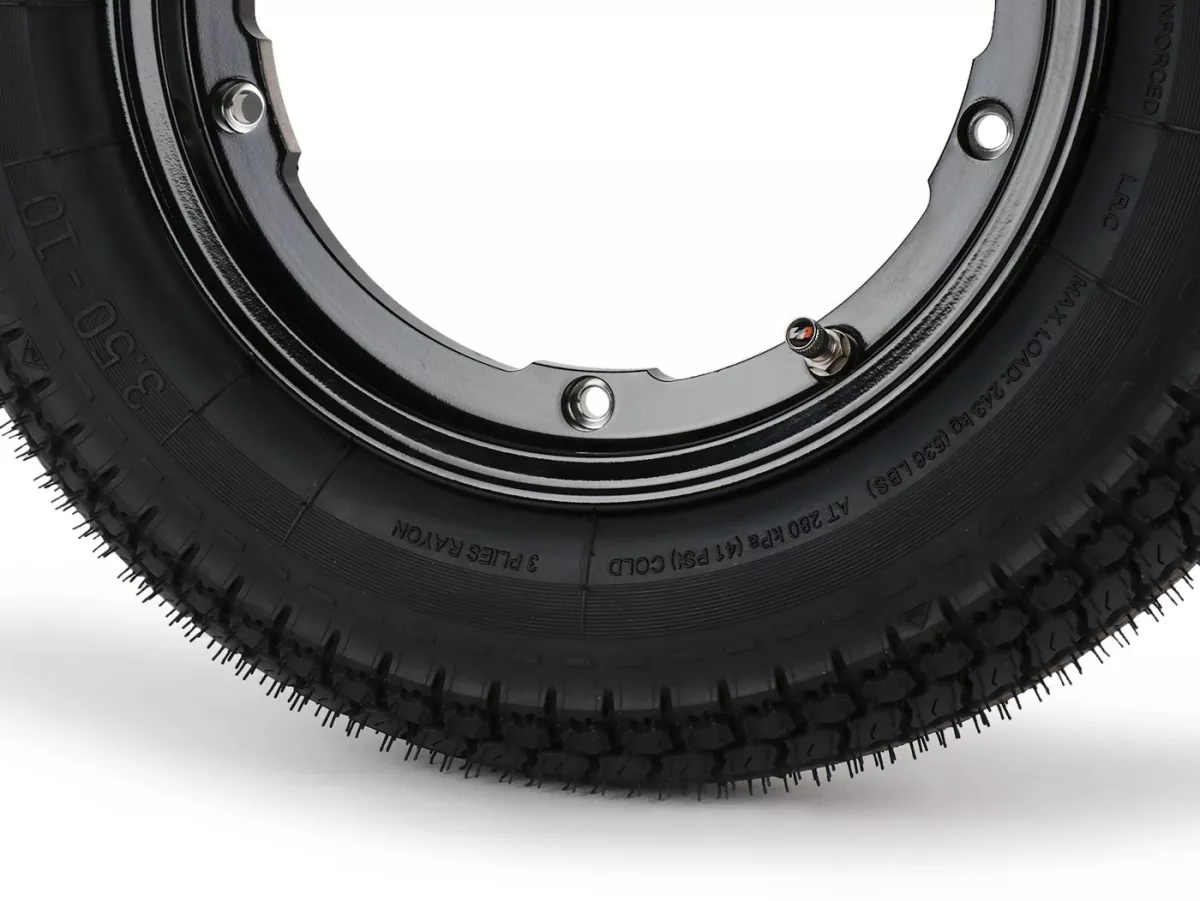 Roda lengkap - BGM Pro Superstrong - BGM Classic, tubeless, Vespa Largeframe PX, Sprint, Rally, GT, GTR, TS, T4, LML Star/Stella- 3.50 - 10 inci TL 59S (diperkuat) - pelek 2.10-10 hitam mengkilap