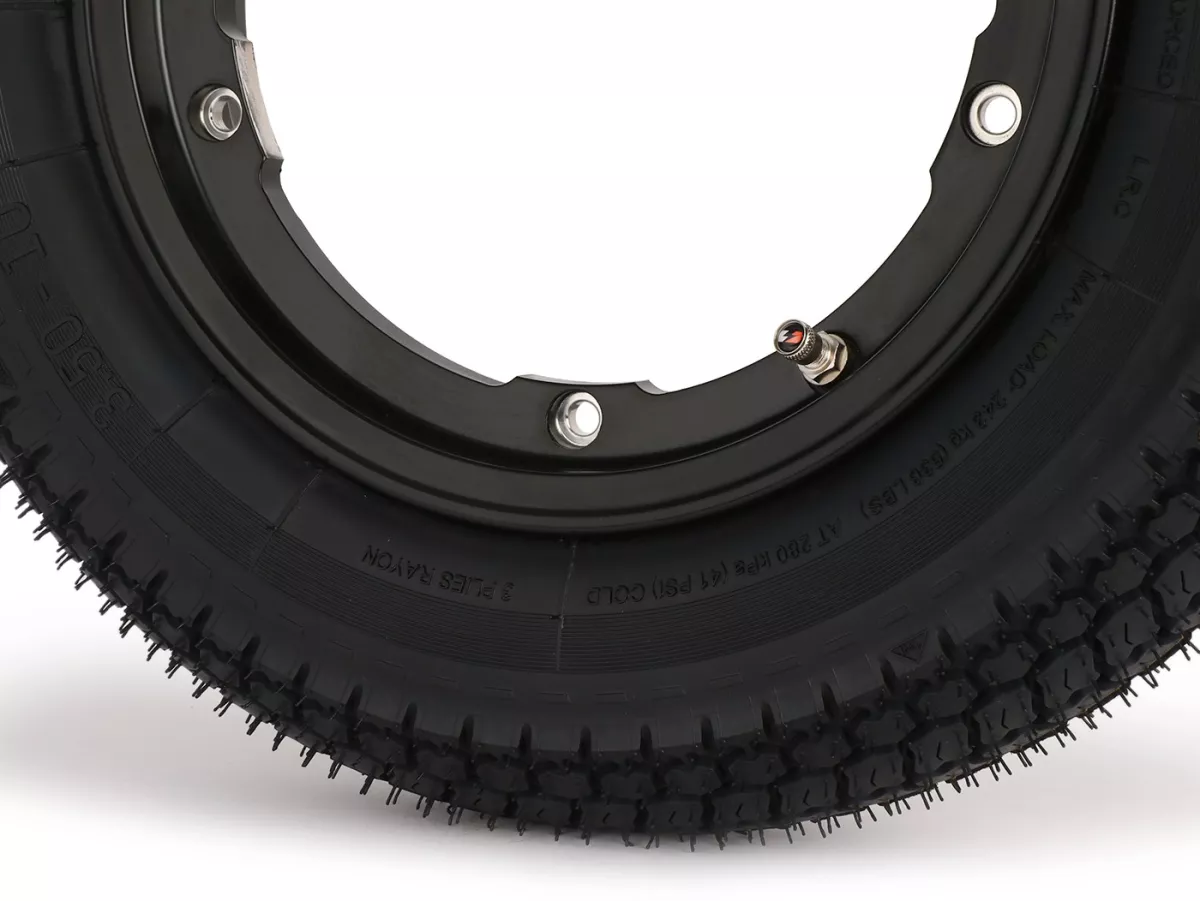 Roda lengkap - BGM Pro Superstrong - BGM Classic, tubeless, Vespa Largeframe PX, Sprint, Rally, GT, GTR, TS, T4, LML Star/Stella- 3.50 - 10 inci TL 59S (diperkuat) - pelek 2.10-10 hitam matt