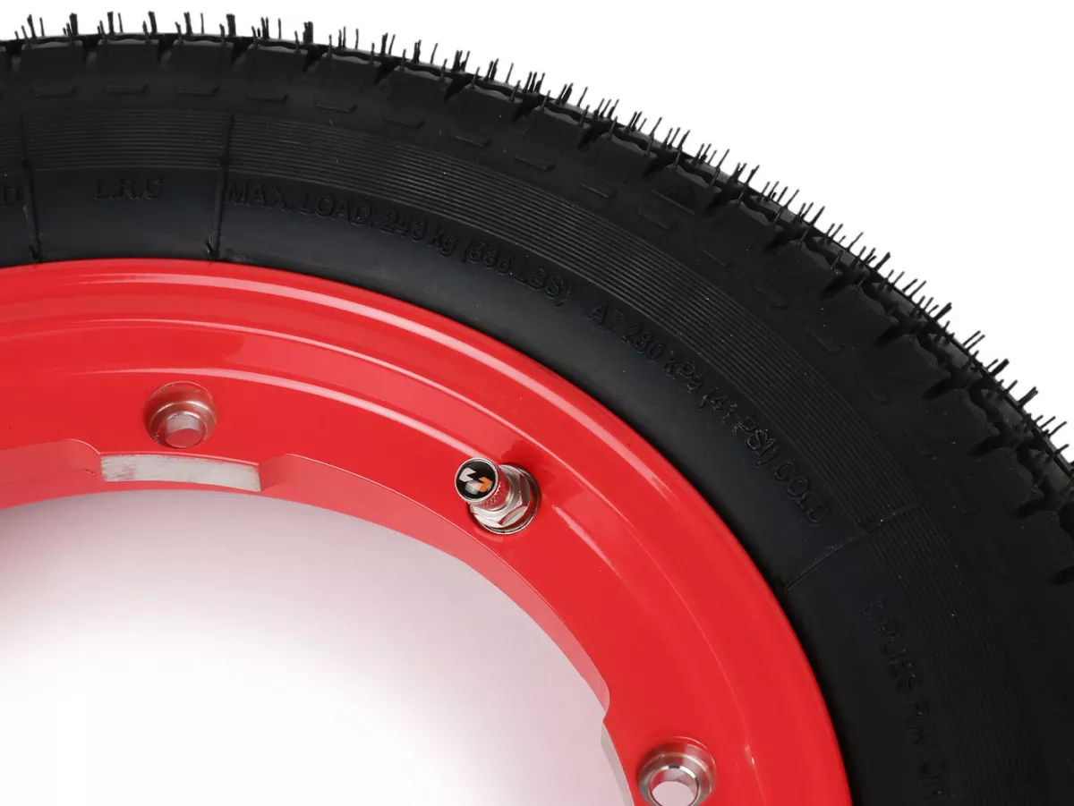 Roda lengkap - BGM Pro Superstrong - BGM Classic, tubeless, Vespa Largeframe PX, Sprint, Rally, GT, GTR, TS, T4, LML Star/Stella- 3.50 - 10 inci TL 59S (diperkuat) - pelek 2.10-10 warna merah