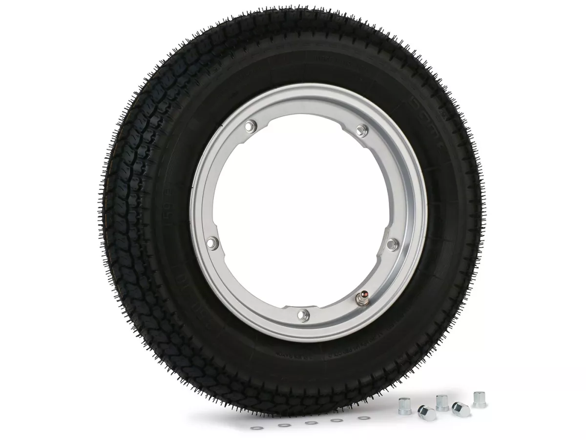 Roda lengkap - BGM Pro Superstrong -BGM Classic, tubeless, Vespa Largeframe PX, Sprint, Rally, GT, GTR, TS, T4, LML Star/Stella- 3.50 - 10 inci TL 59S (diperkuat) - Pelek 2.10-10 - Silver