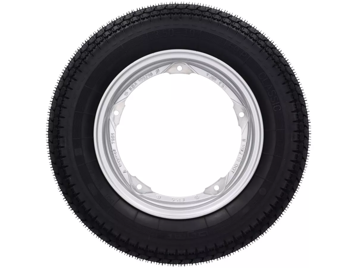 Roda lengkap - BGM Pro Superstrong -BGM Classic, tubeless, Vespa Largeframe PX, Sprint, Rally, GT, GTR, TS, T4, LML Star/Stella- 3.50 - 10 inci TL 59S (diperkuat) - Pelek 2.10-10 - Silver