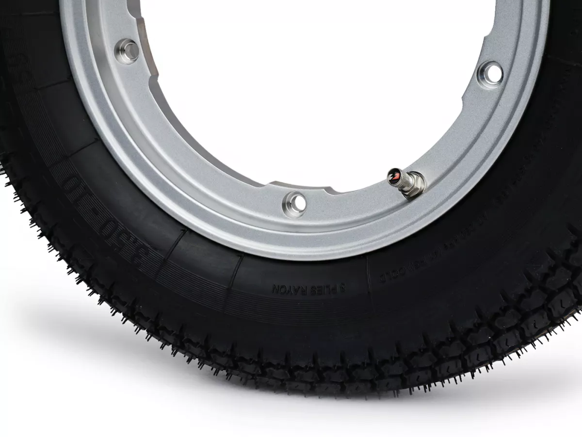 Roda lengkap - BGM Pro Superstrong -BGM Classic, tubeless, Vespa Largeframe PX, Sprint, Rally, GT, GTR, TS, T4, LML Star/Stella- 3.50 - 10 inci TL 59S (diperkuat) - Pelek 2.10-10 - Silver