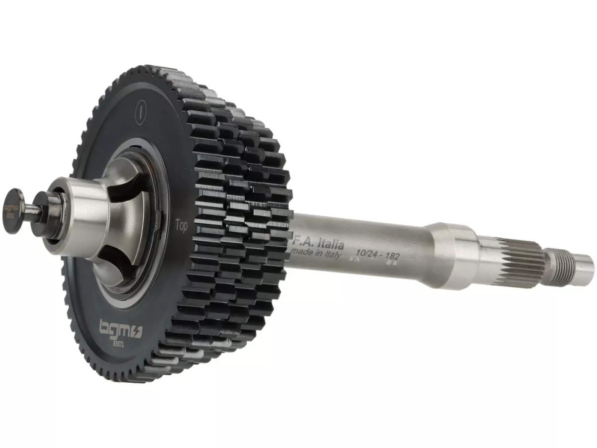 Completely assembled gearbox (drive shaft, gears, shift cross) -BGM PRO- Vespa Largeframe (1984-) - PX Lusso, Disc, My, 2011, Cosa, T5 125cc, LML Star 2-stroke, Stella 2-stroke - 12/57, 13/42, 17/38, 21/36 teeth - short fourth gear