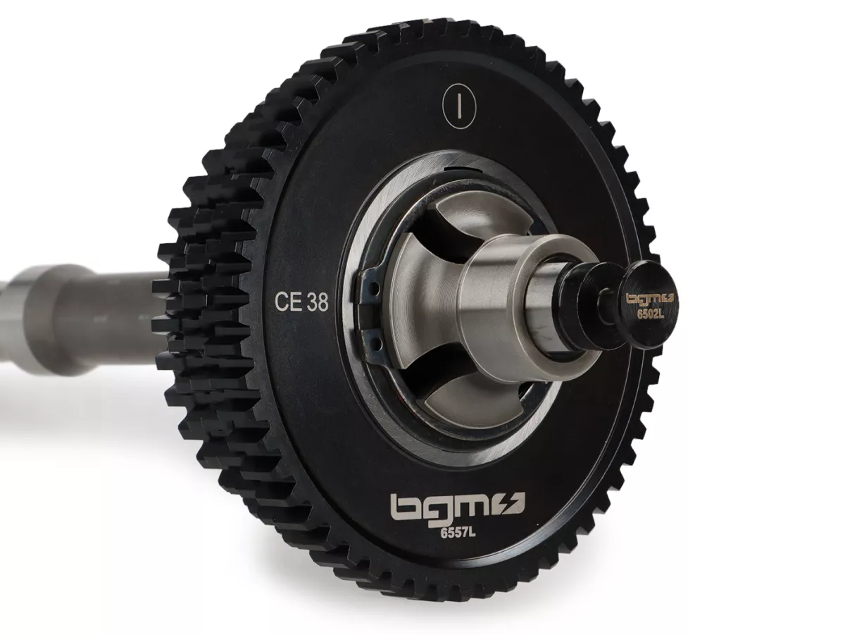 Completely assembled gearbox (drive shaft, gears, shift cross) -BGM PRO- Vespa Largeframe (1984-) - PX Lusso, Disc, My, 2011, Cosa, T5 125cc, LML Star 2-stroke, Stella 2-stroke - 12/57, 13/42, 17/38, 21/36 teeth - short fourth gear
