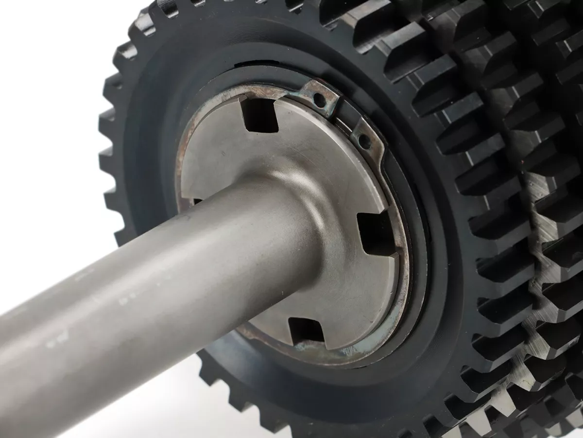 Completely assembled gearbox (drive shaft, gears, shift cross) -BGM PRO- Vespa Largeframe (1984-) - PX Lusso, Disc, My, 2011, Cosa, T5 125cc, LML Star 2-stroke, Stella 2-stroke - 12/57, 13/42, 17/38, 21/36 teeth - short fourth gear