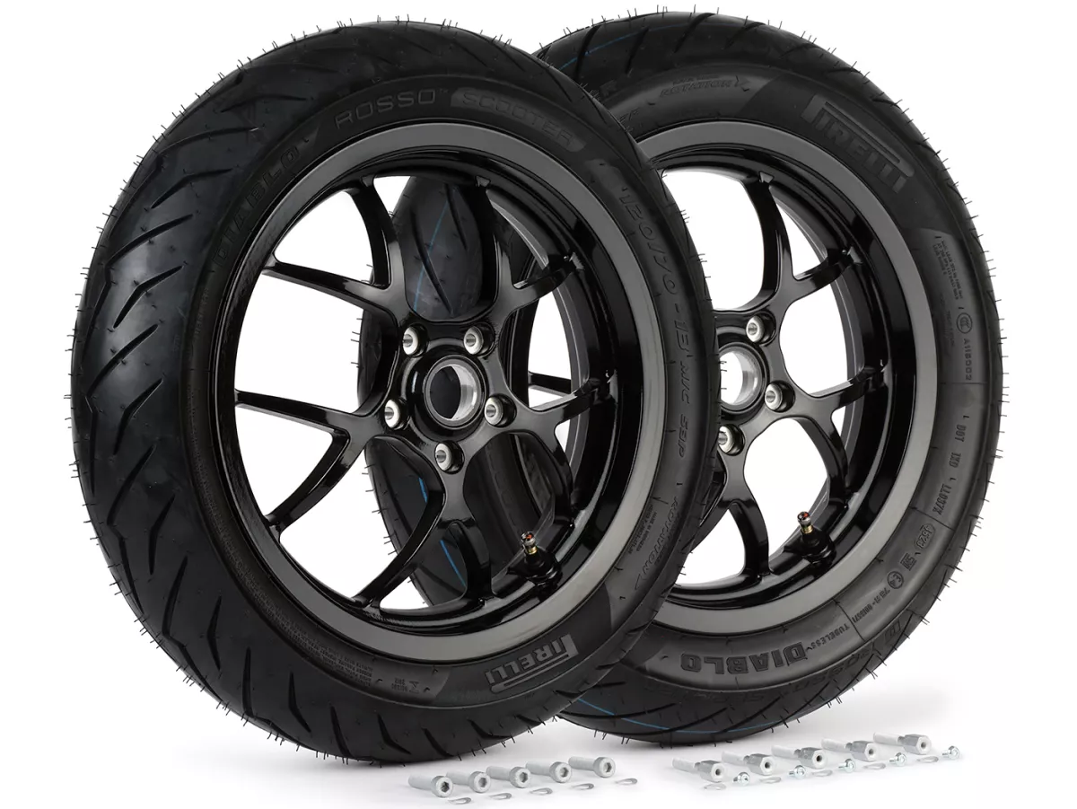 Complete wielset (voor+achter incl. montageset) -BGM PRO SPORT 13 inch- PIRELLI- Diablo Rosso 120/70-13 + 130/70-13 - Vespa GTS, GTS Super, GTV, Sei Giorni, GT 60, GT, GT L 125-310cc - glanzend zwart