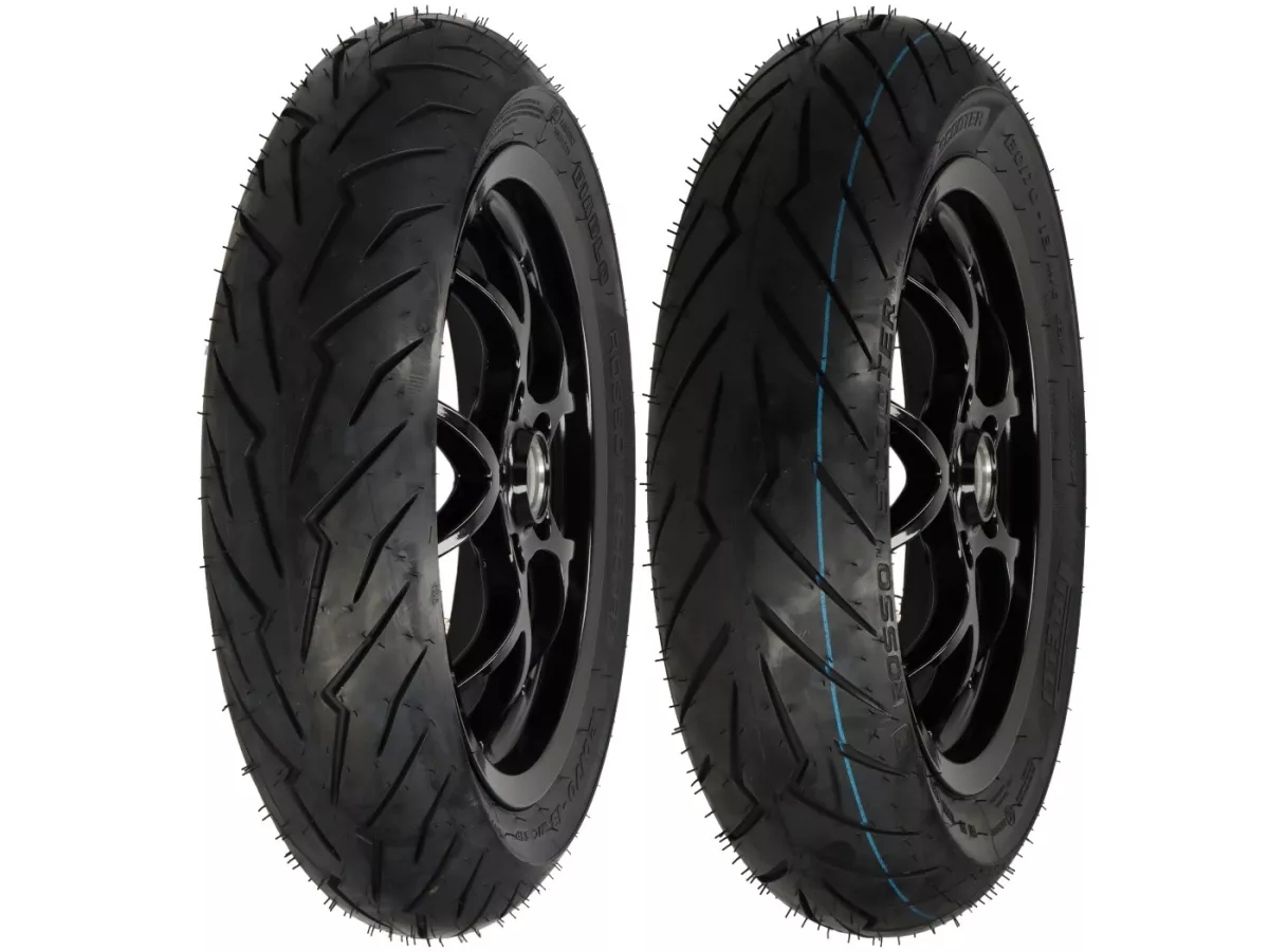Complete wielset (voor+achter incl. montageset) -BGM PRO SPORT 13 inch- PIRELLI- Diablo Rosso 120/70-13 + 130/70-13 - Vespa GTS, GTS Super, GTV, Sei Giorni, GT 60, GT, GT L 125-310cc - glanzend zwart