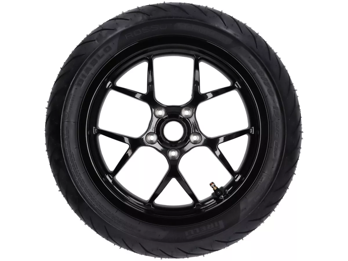Complete wielset (voor+achter incl. montageset) -BGM PRO SPORT 13 inch- PIRELLI- Diablo Rosso 120/70-13 + 130/70-13 - Vespa GTS, GTS Super, GTV, Sei Giorni, GT 60, GT, GT L 125-310cc - glanzend zwart