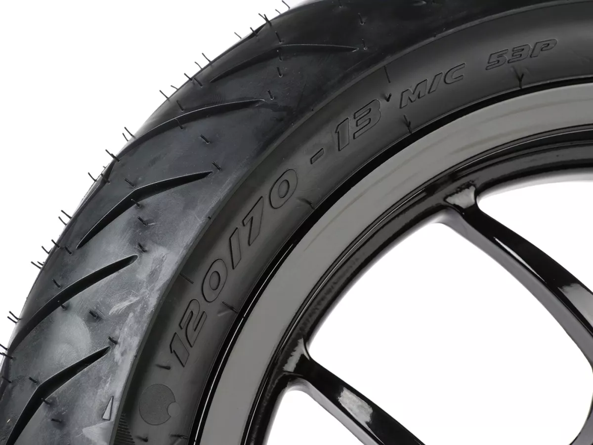 Complete wielset (voor+achter incl. montageset) -BGM PRO SPORT 13 inch- PIRELLI- Diablo Rosso 120/70-13 + 130/70-13 - Vespa GTS, GTS Super, GTV, Sei Giorni, GT 60, GT, GT L 125-310cc - glanzend zwart