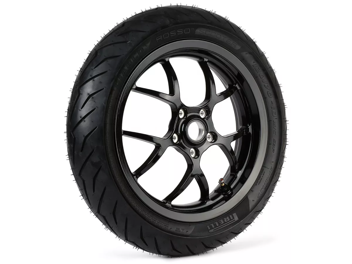 Compleet wiel -BGM PRO SPORT 13 inch- PIRELLI- Diablo Rosso - 120/70-13 - Vespa GTS, GTS Super, GTV, Sei Giorni, GT 60, GT, GT L 125-310cc - zwart glanzend