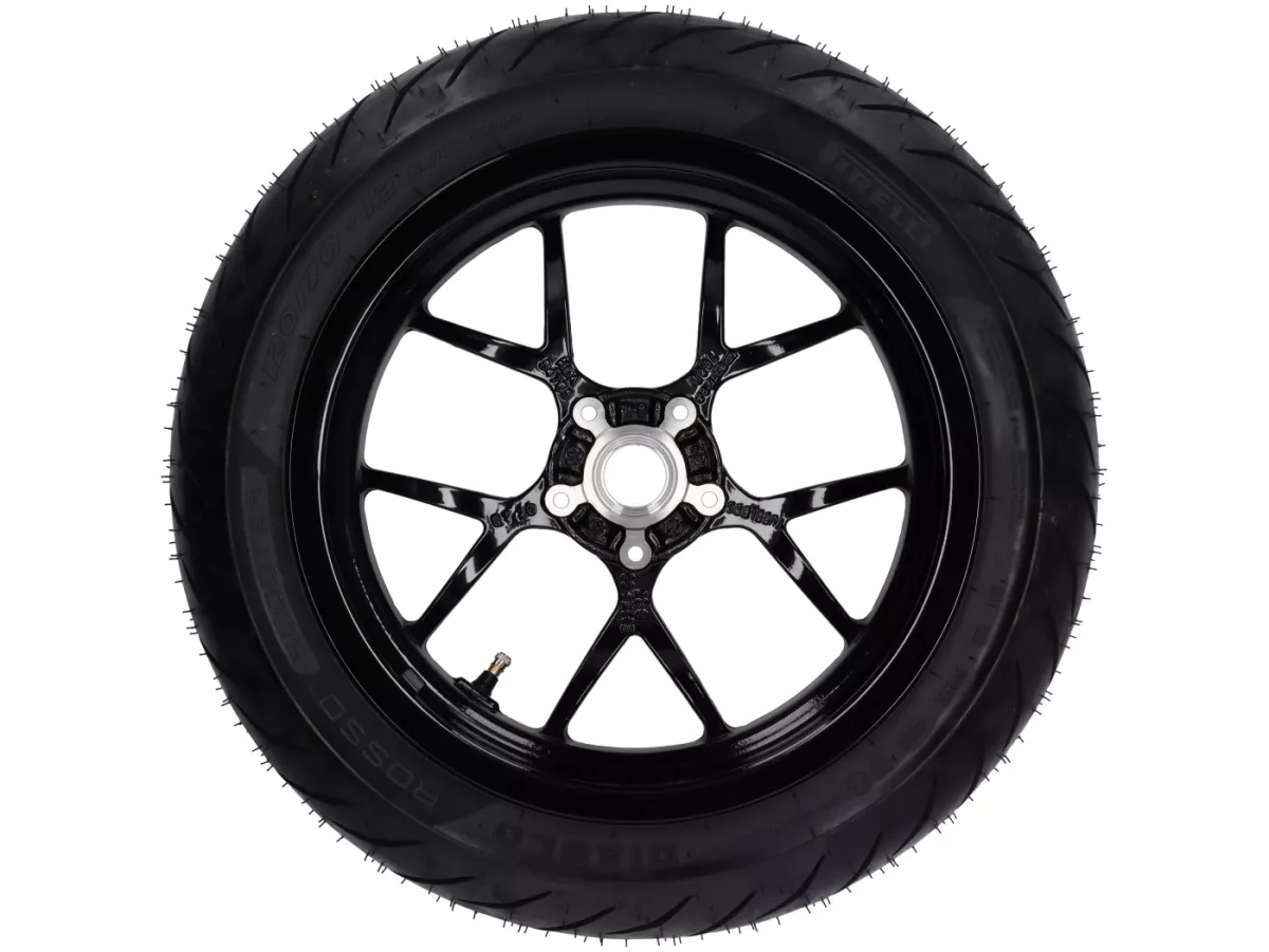 Compleet wiel -BGM PRO SPORT 13 inch- PIRELLI- Diablo Rosso - 120/70-13 - Vespa GTS, GTS Super, GTV, Sei Giorni, GT 60, GT, GT L 125-310cc - zwart glanzend
