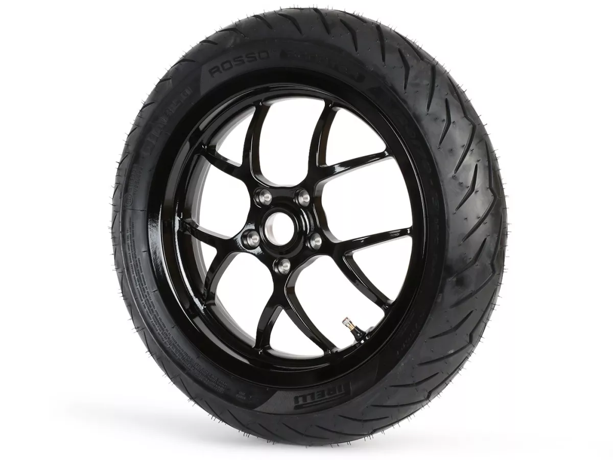 Compleet wiel -BGM PRO SPORT 13 inch- PIRELLI- Diablo Rosso - 120/70-13 - Vespa GTS, GTS Super, GTV, Sei Giorni, GT 60, GT, GT L 125-310cc - zwart glanzend