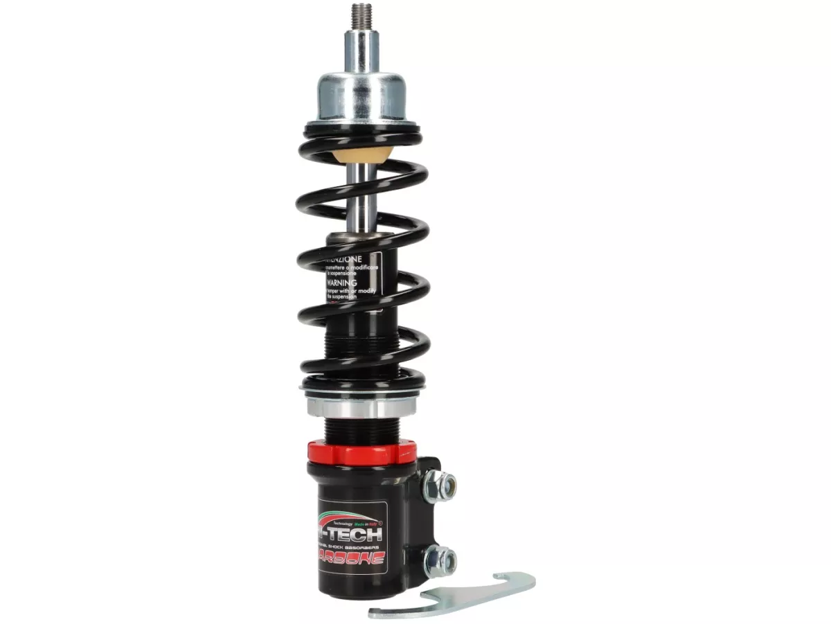 Främre stötdämpare -CARBONE HI-TECH, 200mm- Vespa justerbar, 210mm- Vespa PK S-XL, ET2, ET4, LX, LXV, S, Piaggio Quartz, SKR, Sfera, Sfera RST, Zip SP, Zip (från 2000) - svart fjäder