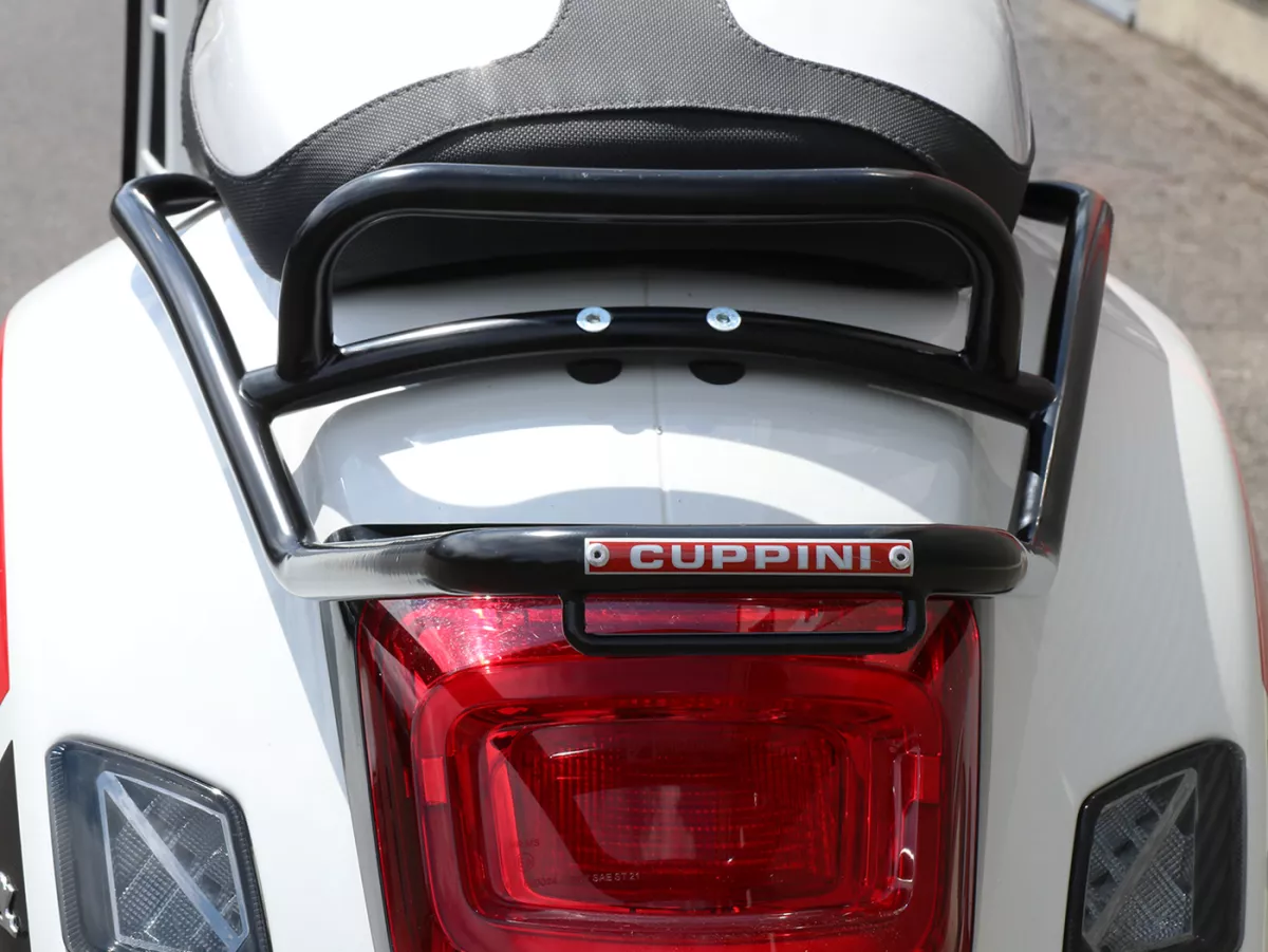 Rear luggage rack -CUPPINI- glossy black, with passenger grab handle- Vespa GT, GTL, GTV, GTS, GTS Super, GTS HPE, GT60 - 125-310 -