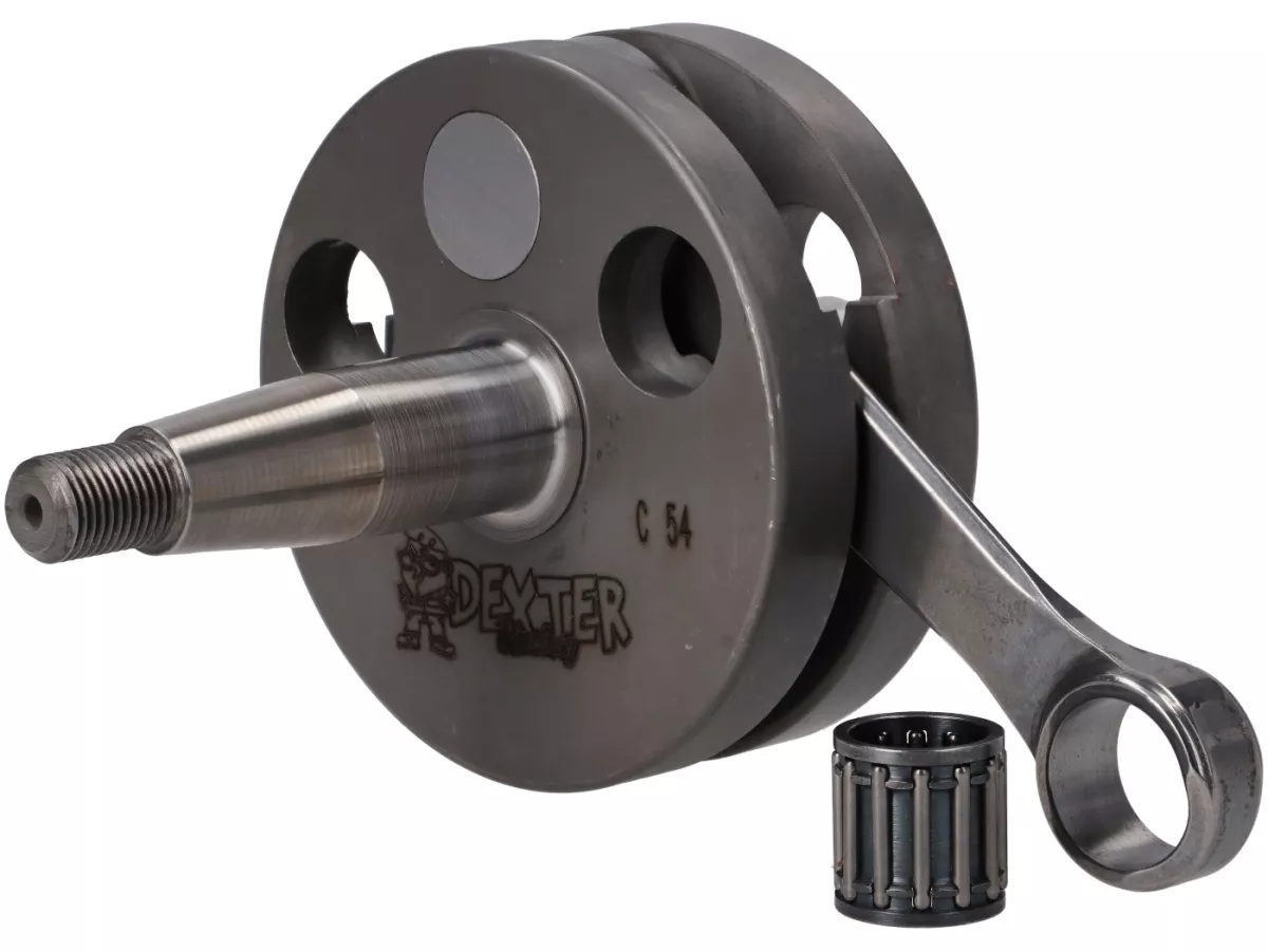 Vilebrequin -DEXTER RACING- Vespa Smallframe (joue pleine pour l'entrée de la membrane, joues=Ø88,5mm,) joue pleine 54mm de course, 105 mm bielle CNC, Ø 20mm cône)