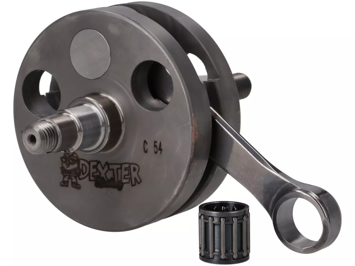 Vilebrequin -DEXTER RACING- Vespa Smallframe (joue pleine pour l'entrée de la membrane, joues=Ø88,5mm,) joue pleine 54mm de course, 105 mm bielle CNC, Ø 20mm cône)