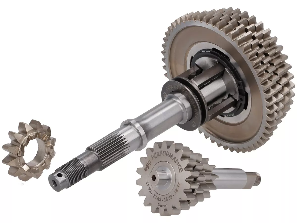 Cambio completo (ingranaggi incl. albero principale + albero ausiliario) per carcassa EGIG/FABBRI -EGIG/FAIO X-TRA STRONG, albero motore CNC - Vespa Smallframe V50, PV, ET3, PK, HP 4 marce 18/37-15/38-12/42-11/52 - Albero ausiliario Poligon