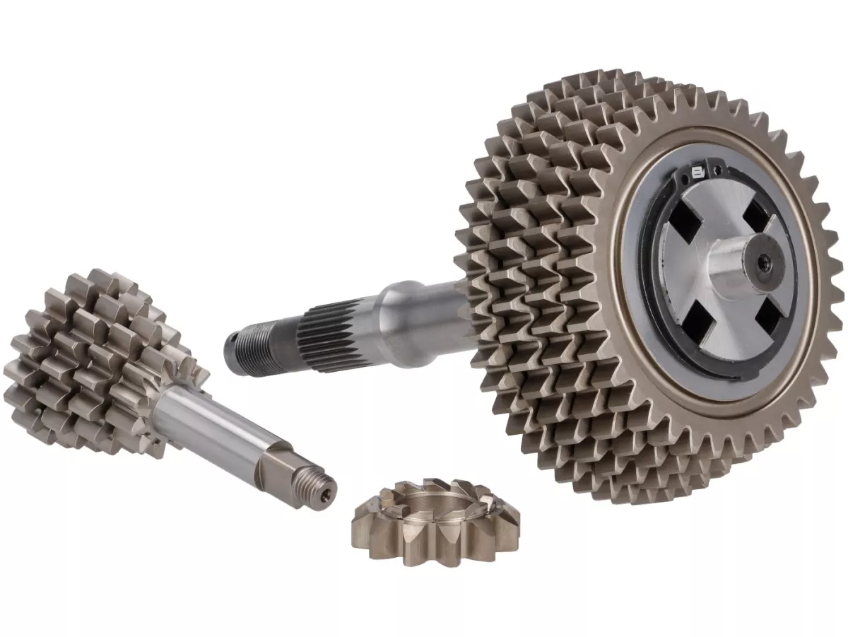 Cambio completo (ingranaggi incl. albero principale + albero ausiliario) per carcassa EGIG/FABBRI -EGIG/FAIO X-TRA STRONG, albero motore CNC - Vespa Smallframe V50, PV, ET3, PK, HP 4 marce 18/37-15/38-12/42-11/52 - Albero ausiliario Poligon