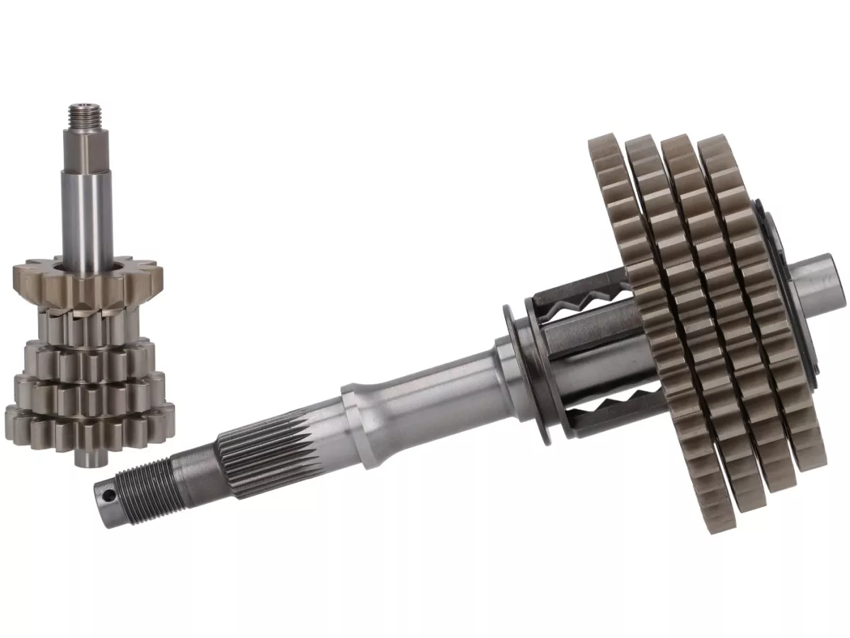 Cambio completo (ingranaggi incl. albero principale + albero ausiliario) per carcassa EGIG/FABBRI -EGIG/FAIO X-TRA STRONG, albero motore CNC - Vespa Smallframe V50, PV, ET3, PK, HP 4 marce 18/37-15/38-12/42-11/52 - Albero ausiliario Poligon