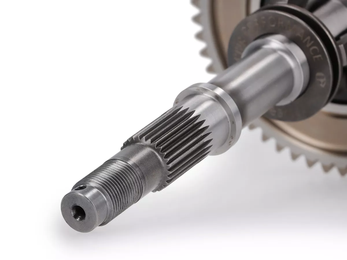 Cambio completo (ingranaggi incl. albero principale + albero ausiliario) per carcassa EGIG/FABBRI -EGIG/FAIO X-TRA STRONG, albero motore CNC - Vespa Smallframe V50, PV, ET3, PK, HP 4 marce 18/37-15/38-12/42-11/52 - Albero ausiliario Poligon